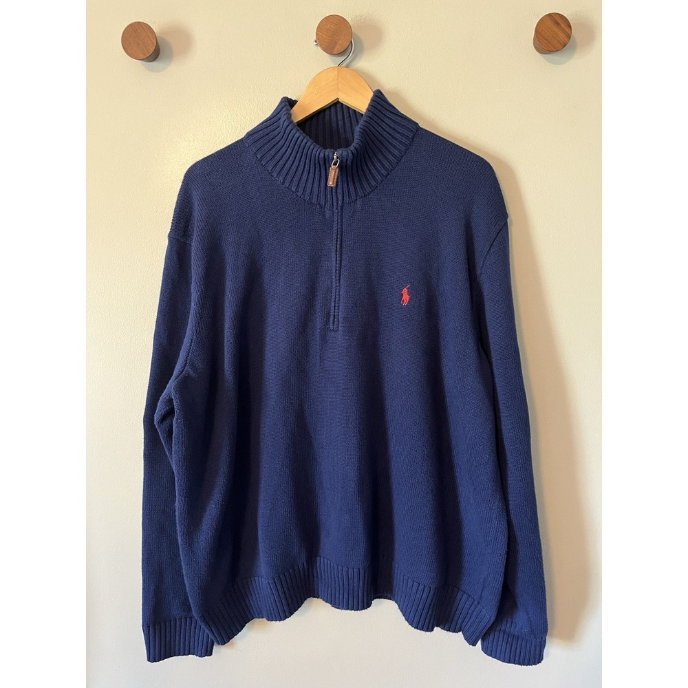 POLO RALPH LAUREN 1/4 Zip Mock Neck Pullover Sweater‎ Men's Size XXL Blue Cotton